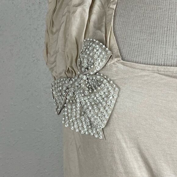 Pre-Loves MNG by Mango Womens Tan Short Sleeve Top with Sequins Bow Size XL - Picture 3 of 6